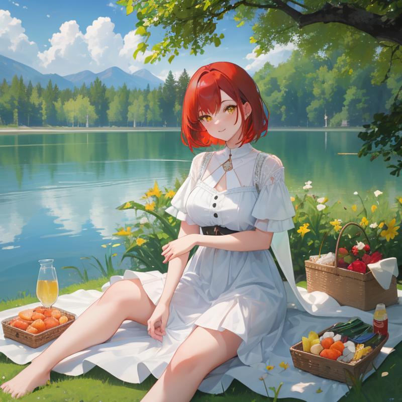 00149-2299588987-1Girl, mature, American, redhead, medium hair, yellow eyes, sitting on a picnic blanket near a lake, elegant summer dress, happy.png